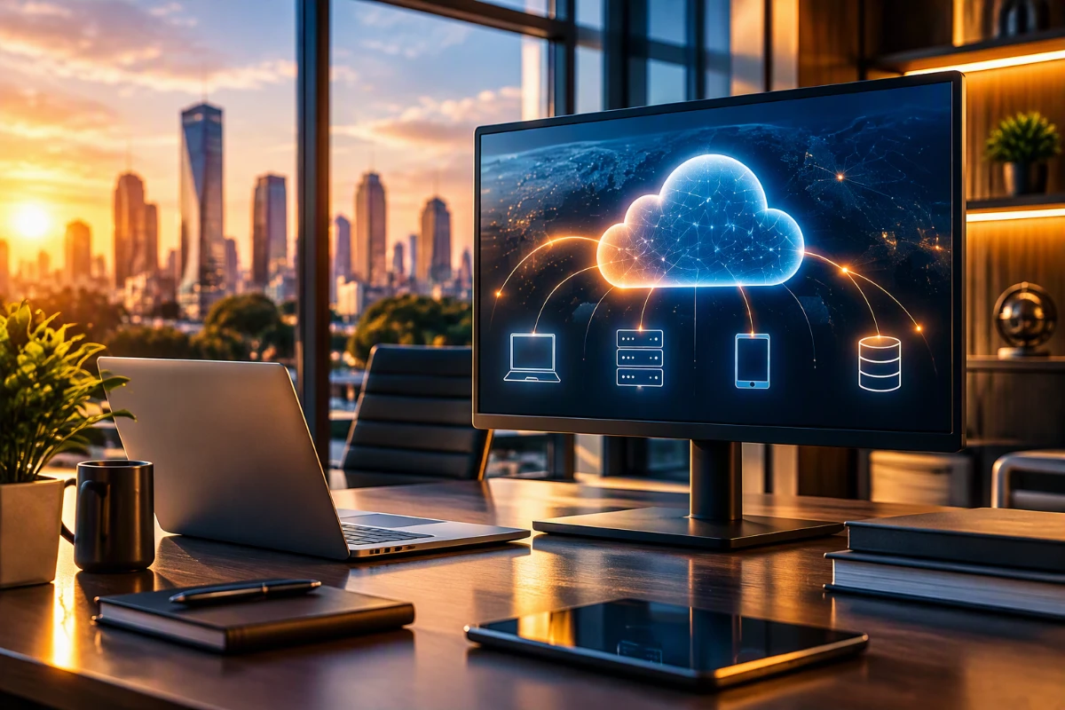Laptop and monitor displaying connected cloud services in a business office