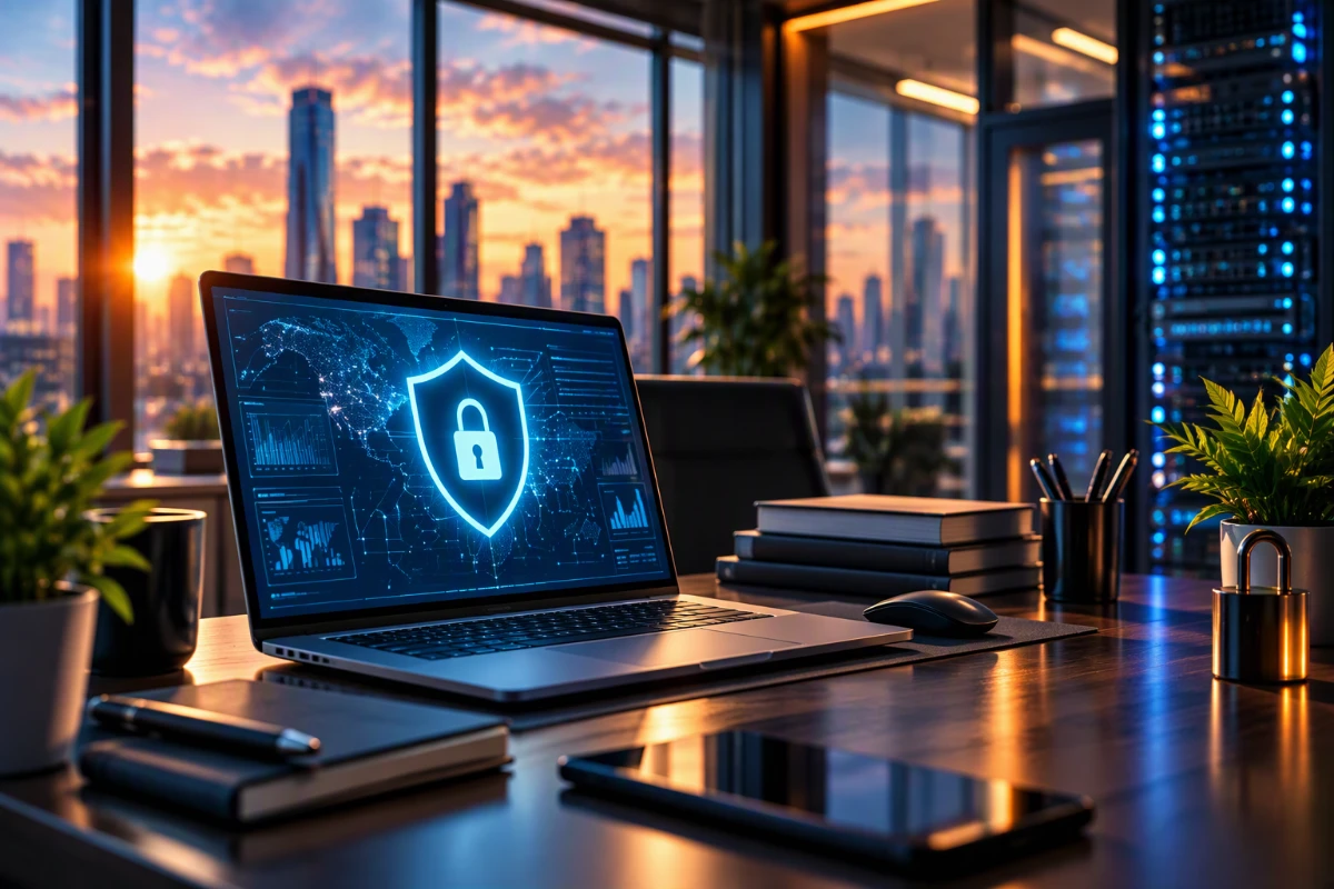 Business cybersecurity dashboard and network equipment in an office