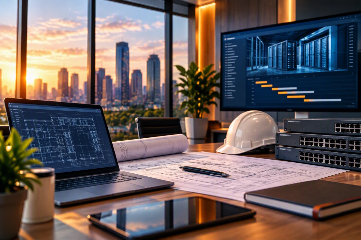 Technology project planning with server equipment and network diagrams