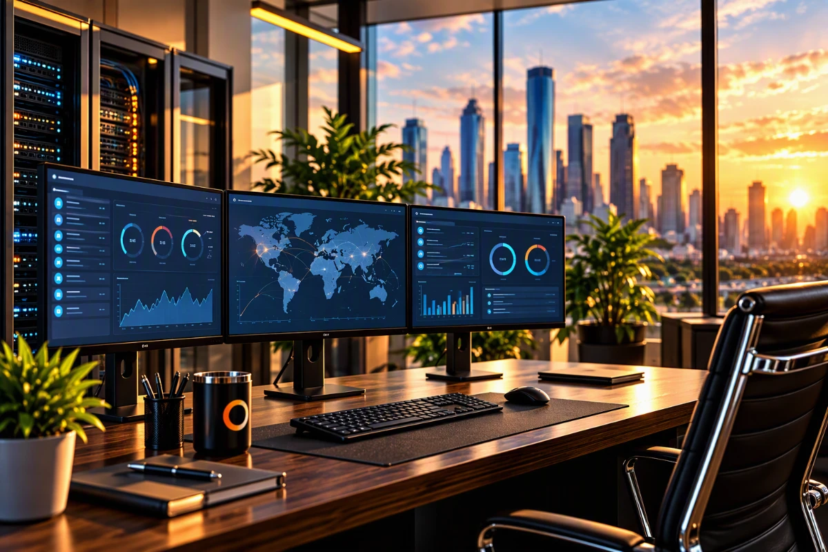 Business IT monitoring dashboards in a modern office
